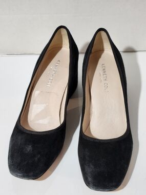 Kenneth Cole Black Suede Rounded Square Toe Low Block Heels